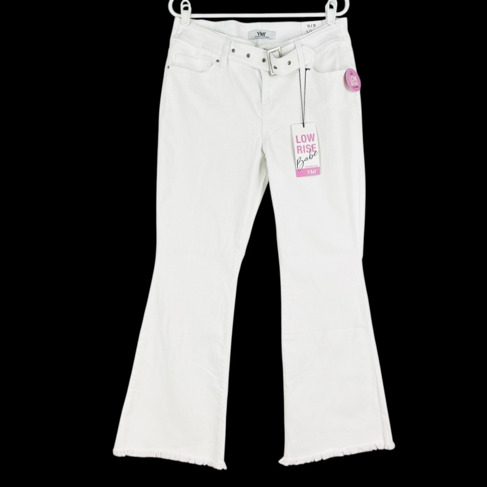 YMI Women's Low Rise White Babe Flare Jeans 13/31 Stretch Raw Hem NWT